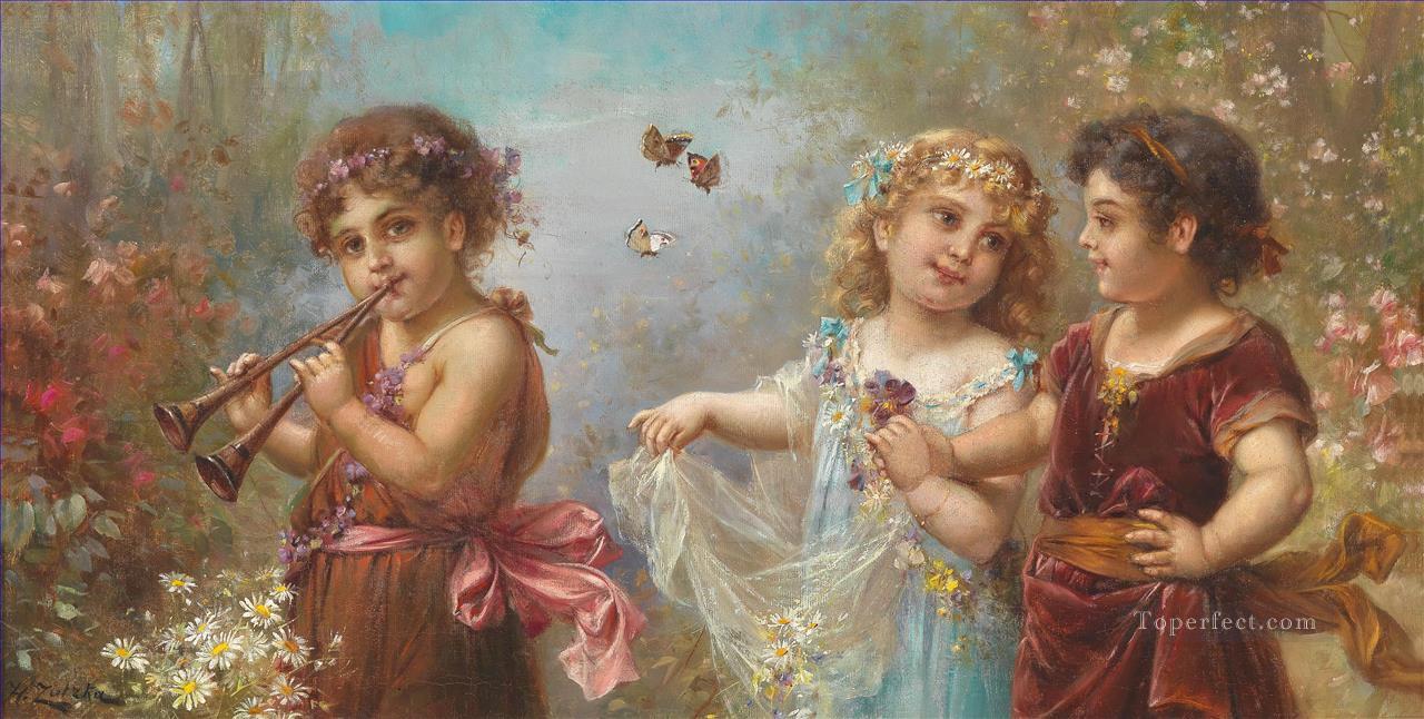 kids and butterflies in music Hans Zatzka Oil Paintings